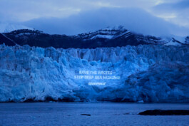 Projektion auf eine Gletscher in Spitzbergen: Save the Arctic - Stop deep sea mining! Greenpeace